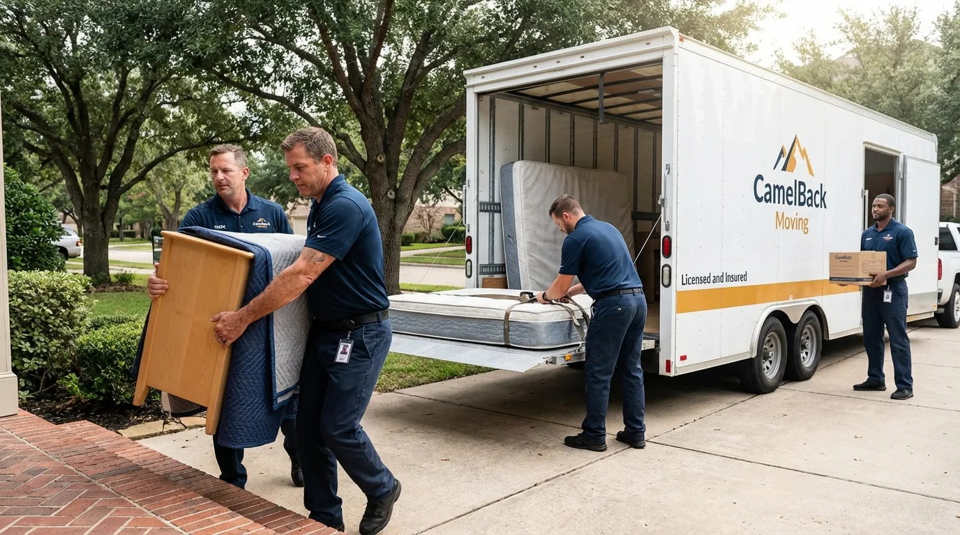 Crew loading residential truck for cross-state move from Princeville, IL