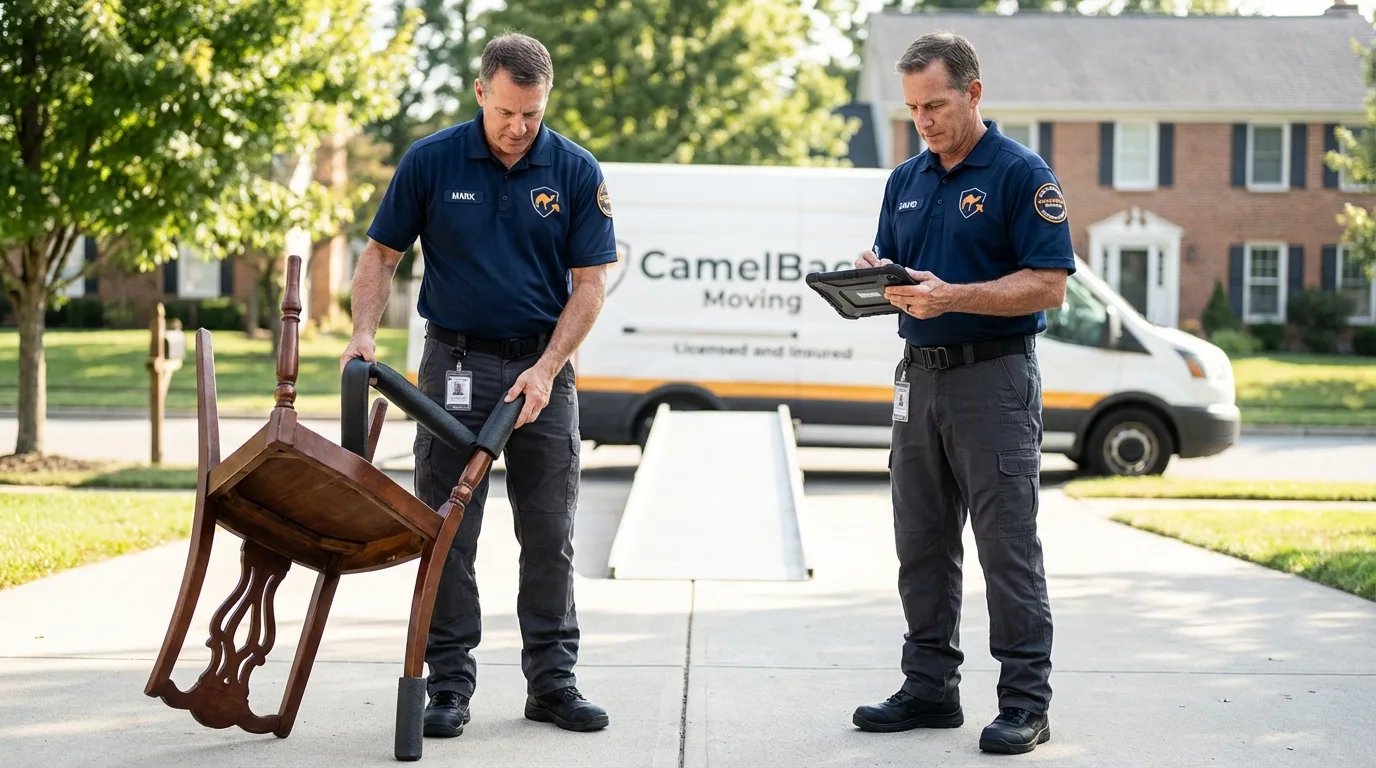 Movers inspecting furniture for damage prevention before loading in Princeville, IL