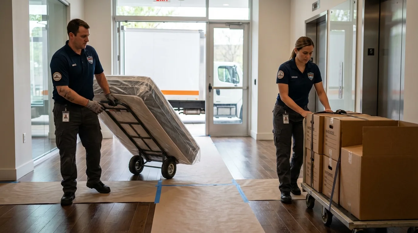 Professional apartment movers loading elevator in Princeville, IL