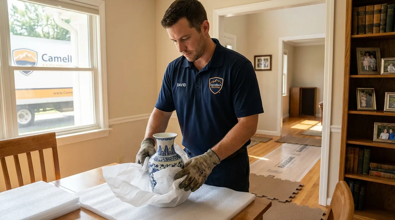 Professional crew carefully wrapping antique vase for senior downsizing move in Princeville, IL