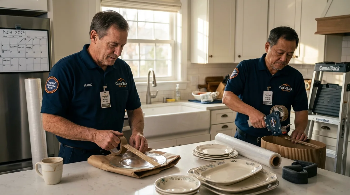 Professional crew packing kitchen dishware in Princeville, IL